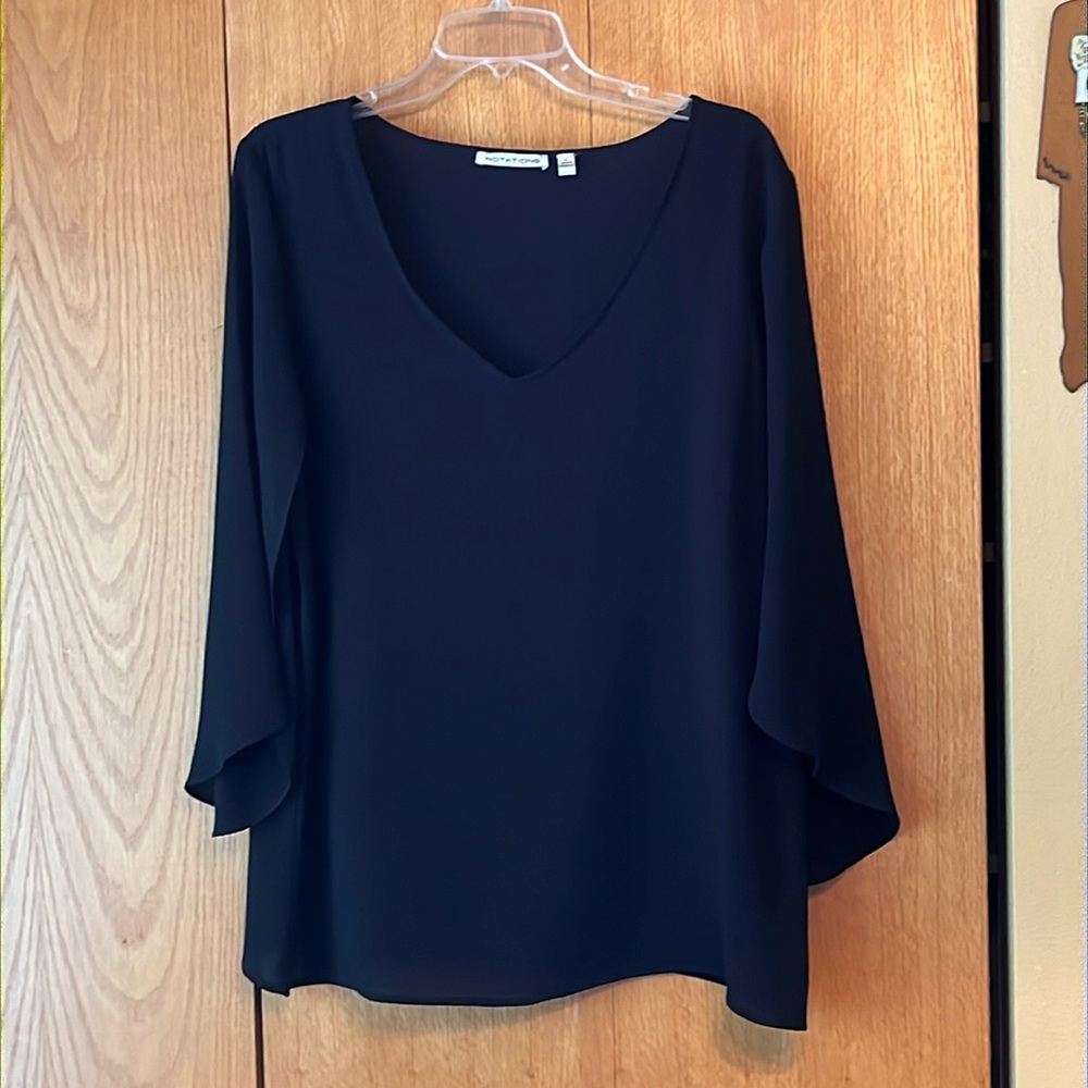 Notations black sheer v neck split sleeve blouse poly stretch VGUC